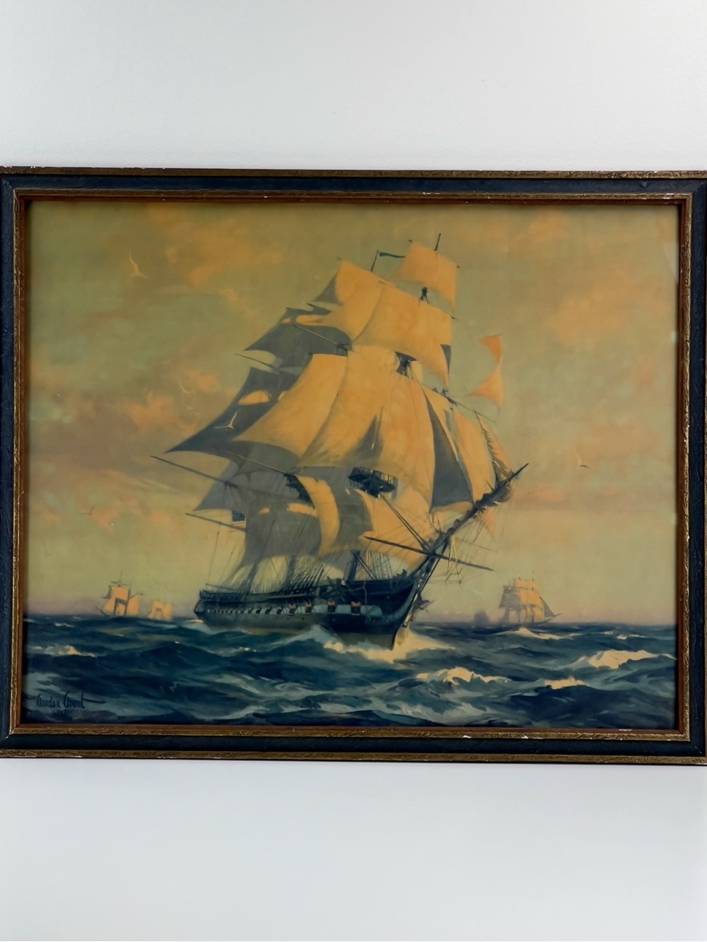 Antique Framed Gordon Grant 1927 Lithograph Print USS Constitution Old Ironsides